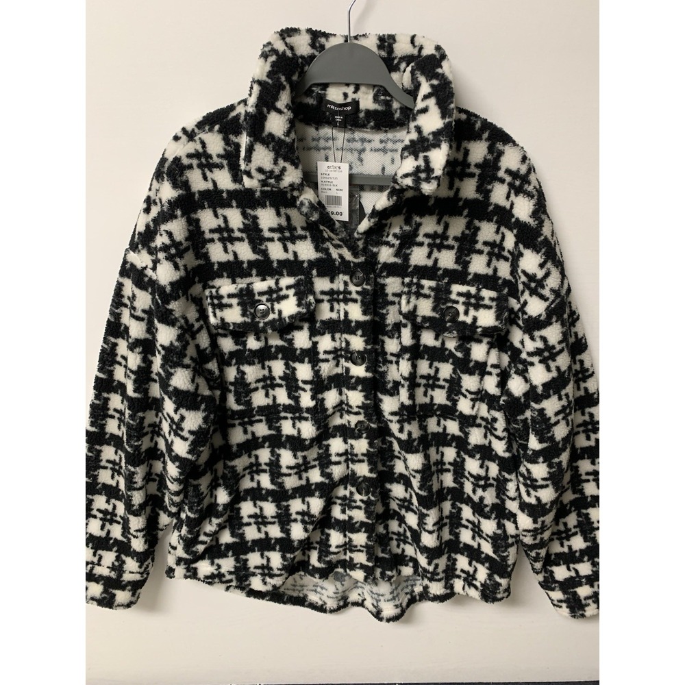 Mittoshop Women Black White Houndstooth Button Fleece Shacket Large